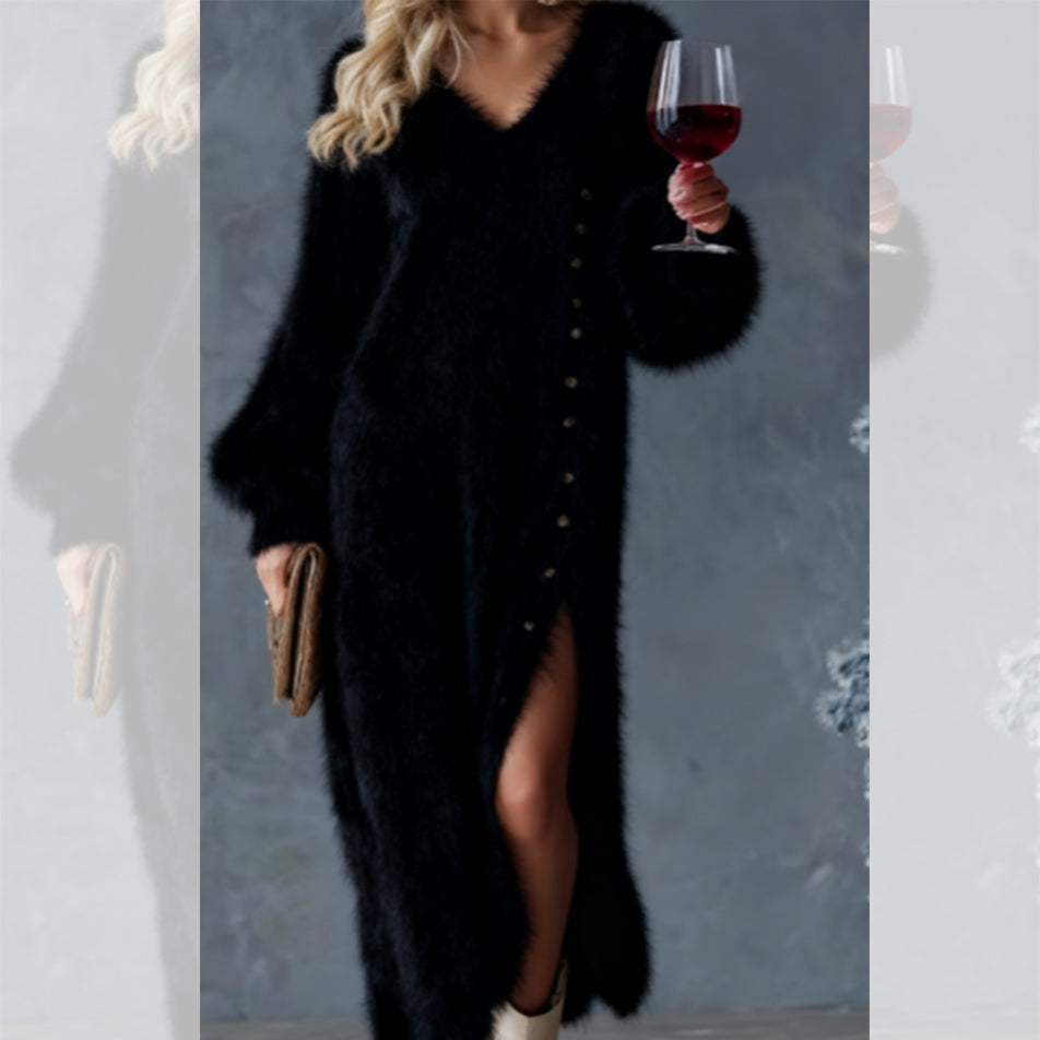 Lunavèra™ | Abito Maxi in Maglia con Scollo a V e Spacco Elegante