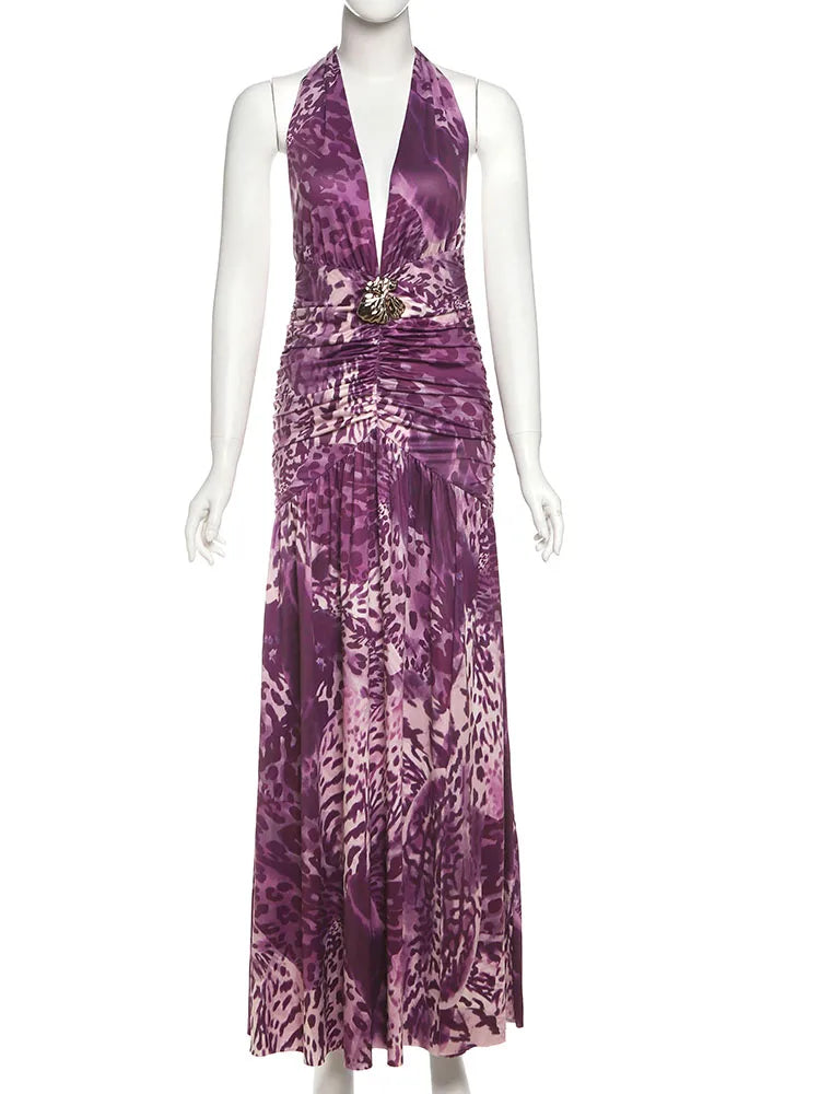 Sorella™ | Vestido largo de leopardo sin espalda con detalles Schelp